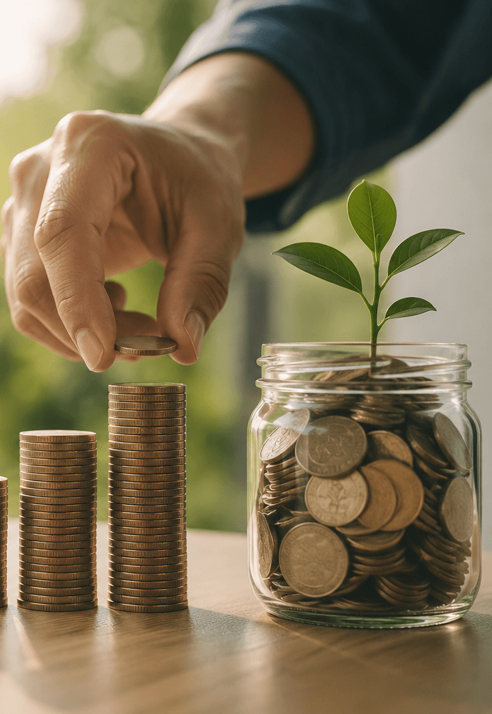 A hand adding a coin to a jar with a growing plant, representing long-term goal based investing
