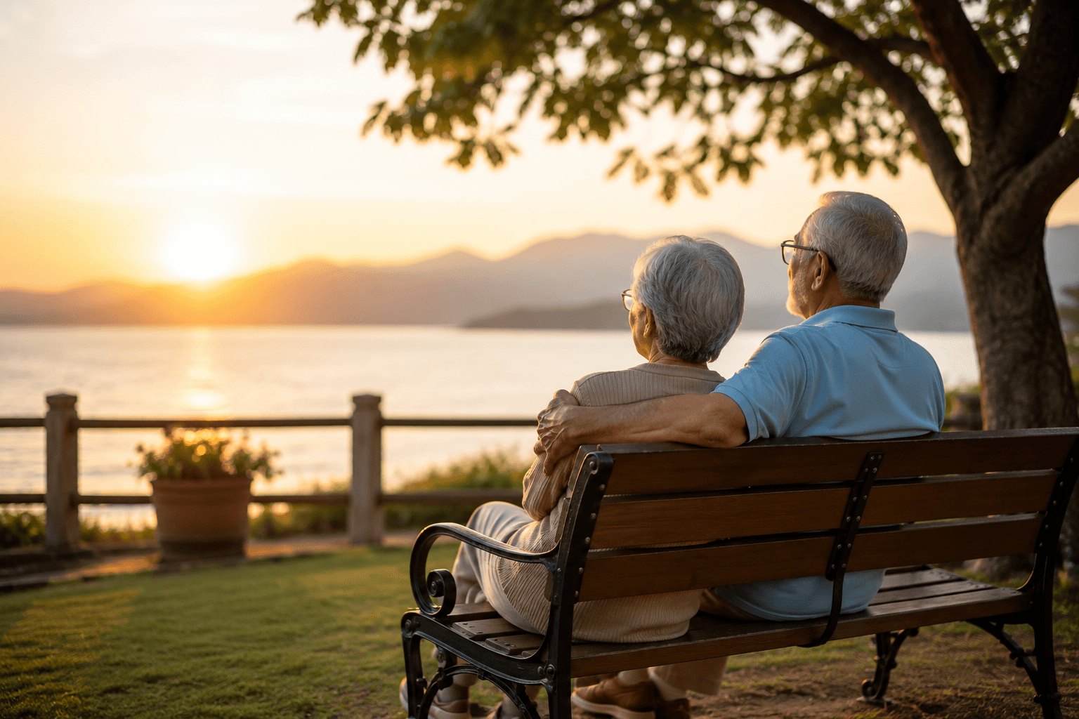 A retired couple watching the sunset by the water, at ease with their financial plan
